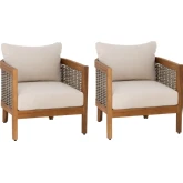 Chaddsley Outdoor Club Accent Chair in Wood, Faux Rattan & Beige Fabric (Set of 2)