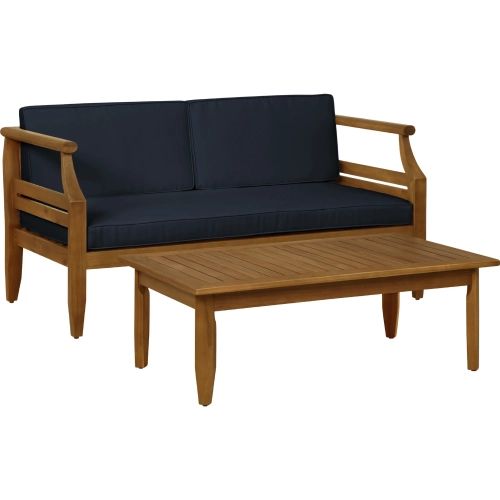 Arlen Outdoor Loveseat & Coffee Table in Brown Wood & Navy Blue Fabric