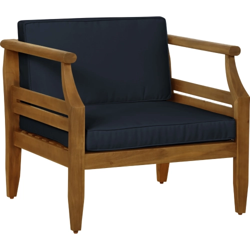 Arlen Outdoor Club Accent Chair in Brown Wood & Navy Blue Fabric