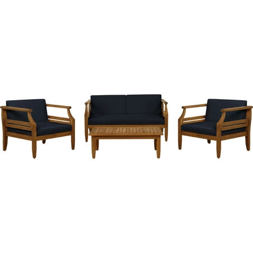 Arlen Outdoor 4 Piece Loveseat Set in Brown Wood & Navy Blue Fabric