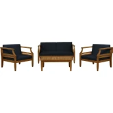 Arlen Outdoor 4 Piece Loveseat Set in Brown Wood & Navy Blue Fabric