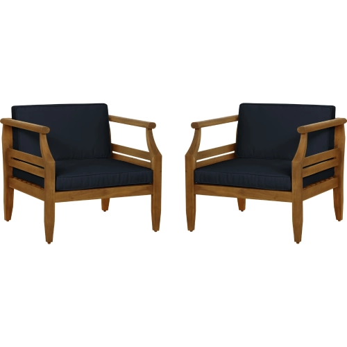Arlen Outdoor Club Accent Chair in Brown Wood & Navy Blue Fabric (Set of 2)
