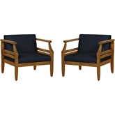 Arlen Outdoor Club Accent Chair in Brown Wood & Navy Blue Fabric (Set of 2)