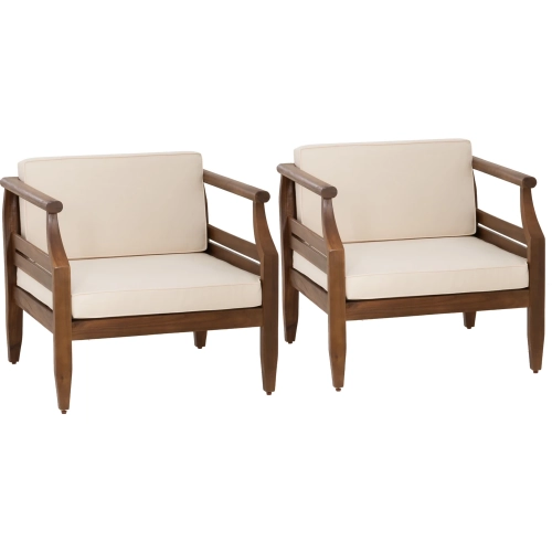 Arlen Outdoor Club Accent Chair in Brown Wood & Beige Fabric (Set of 2)