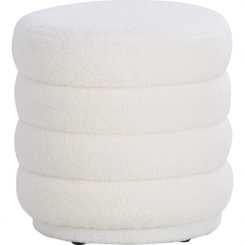 Lorden Round Ottoman in Channel Tufted White Sherpa Fabric