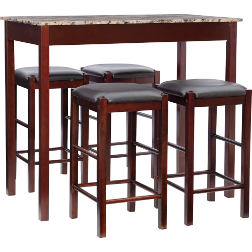 Lancer 5 Piece Counter Dining Set in Espresso, Faux Marble & Black Leatherette