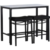 Betty 3 Piece Bar Dining Set in White Faux Marble, Metal & Black Vegan Leather