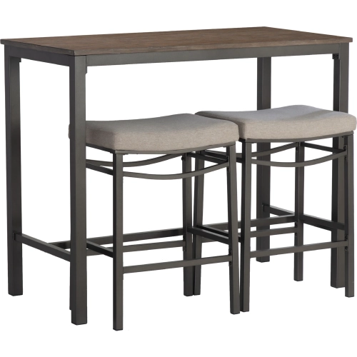 Betty 3 Piece Counter Dining Set in Pewter, Gray Metal & Gray Fabric