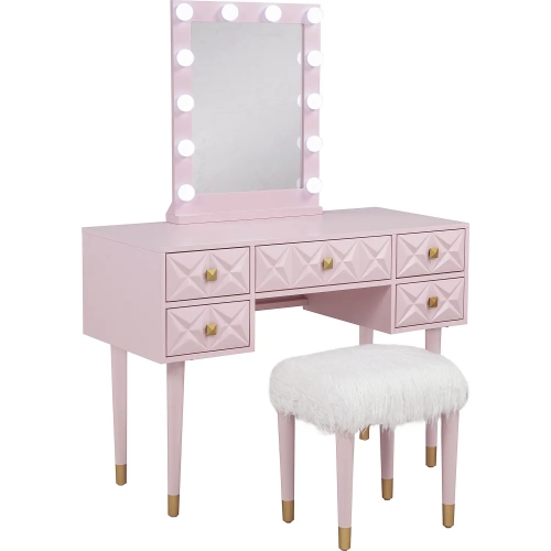 Geo Lighted Vanity & Stool Set in Pink Wood & White Faux Fur