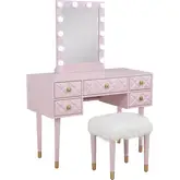 Geo Lighted Vanity & Stool Set in Pink Wood & White Faux Fur