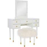 Geo Lighted Bedroom Vanity & Stool Set in White Wood & White Fabric