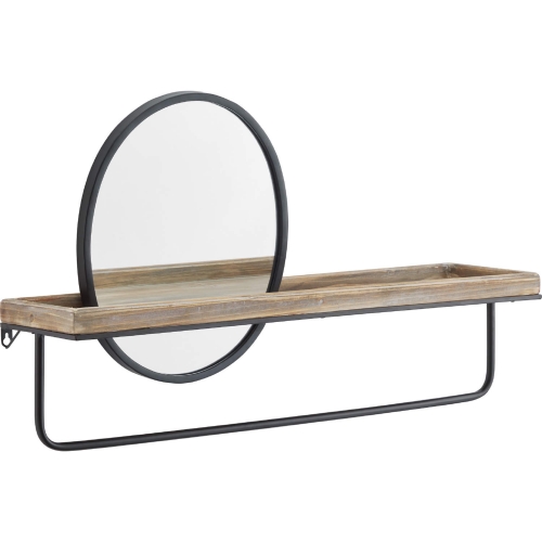 Keating Center Mirror Wall Shelf in Black Metal & Wood