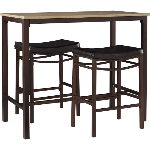 Betty 3-Piece Pub Dining Set in Wood, Brown Metal & Black Leatherette