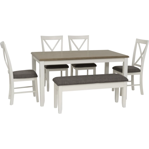 Jane 6-Piece Dining Set in Vanilla White & Taupe Fabric (Table, Bench, & 4 Chairs)