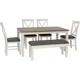 Jane 6-Piece Dining Set in Vanilla White & Taupe Fabric (Table, Bench, & 4 Chairs)