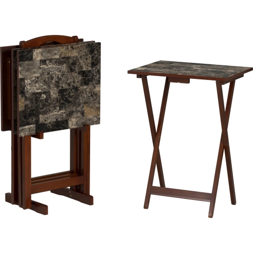 Linon Tray Table Set in Brown Faux Marble & Wood