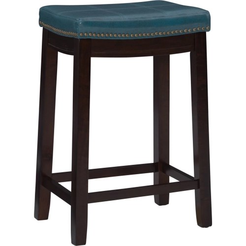 Claridge Counter Stool in Blue Leatherette & Brown Wood