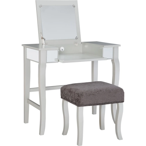 Harper Bedroom Vanity Set in Silver, Mirror & Pewter Gray Fabric