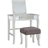 Harper Bedroom Vanity Set in Silver, Mirror & Pewter Gray Fabric