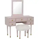 Geo Lighted Vanity & Stool Set in Pink Wood & White Faux Fur