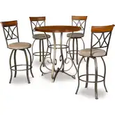 Hamilton 5-Piece Swivel Pub Set in Cherry, Metal & Taupe Beige Fabric