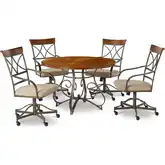 Hamilton 5-Piece Swivel Dining Set in Cherry, Metal & Taupe Beige Fabric