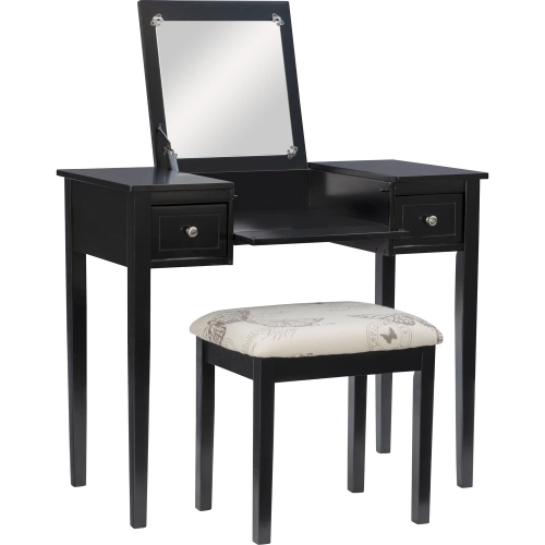 Linon Vanity & Stool in Black Wood & Butterfly Fabric