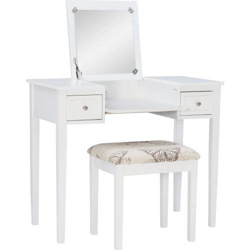Linon Vanity & Stool in White Wood & Butterfly Fabric