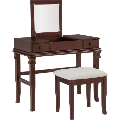Angela Bedroom Vanity Set in Walnut Wood & Beige Fabric