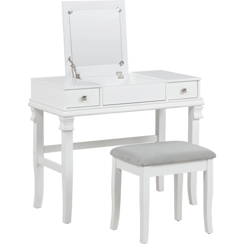 Angela Bedroom Vanity Set in White Wood & Beige Fabric
