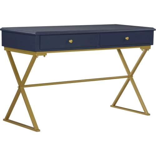 Campaign Desk in Blue Wood & Gold Metal