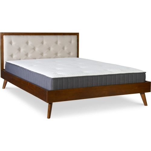 Reid Mid Century Platform Queen Bed in Walnut & Oatmeal Fabric