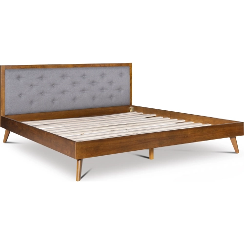 Reid Mid Century Platform King Bed in Walnut & Gray Fabric