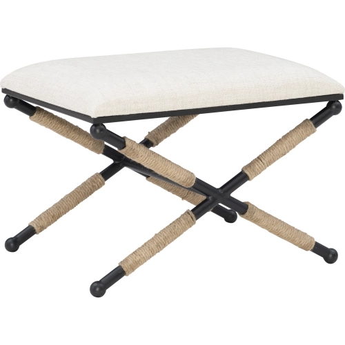 Ashburn Campaign Ottoman in Linen Fabric, Rope & Black Metal