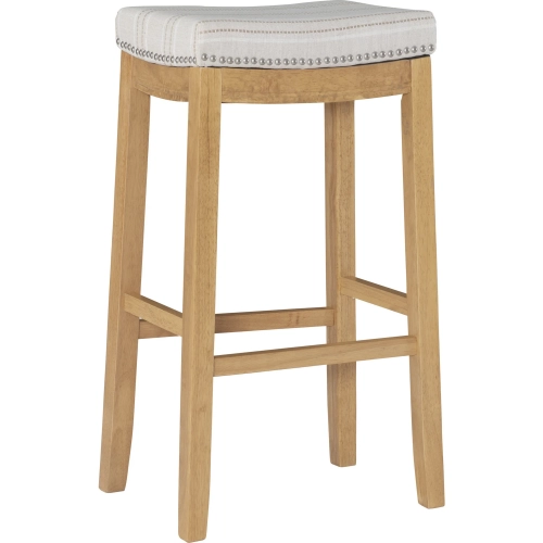 Claridge Bar Stool in Beige Striped Linen & Rustic Brown Wood