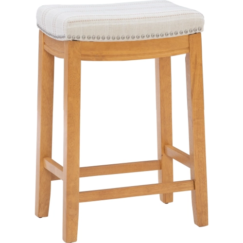Claridge Counter Stool in Beige Striped Linen & Rustic Brown Wood