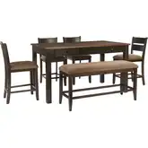 Meretta 6-Piece Counter Dining Set in Wood & Brown Fabric