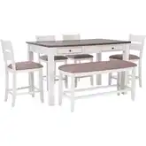 Meretta 6-Piece Counter Dining Set in White Wood & Brown Fabric
