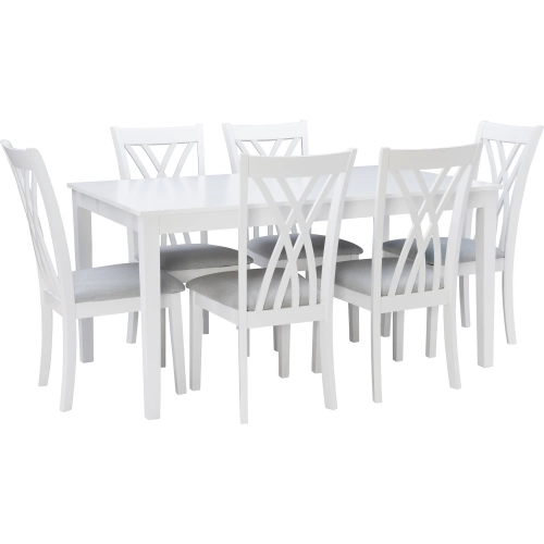 Maggie 7-Piece Dining Set in White Acacia & Gray Fabric