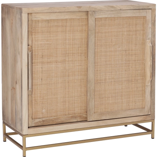 Janie Cabinet with Two Sliding Doors in Natural Finish Rattan, Wood & Gold Metal