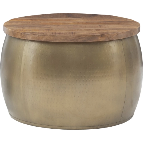 Royce Drum Coffee Table with Storage in Gold & Wood