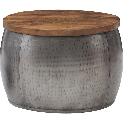 Royce 22" Storage Drum Coffee Table in Wood & Hammered Pewter