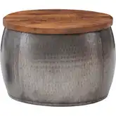 Royce 22" Storage Drum Coffee Table in Wood & Hammered Pewter