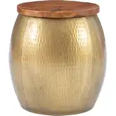 Royce Drum Storage Side Table in Wood & Hammered Brass
