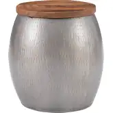 Royce Drum Storage Side Table in Wood & Hammered Pewter