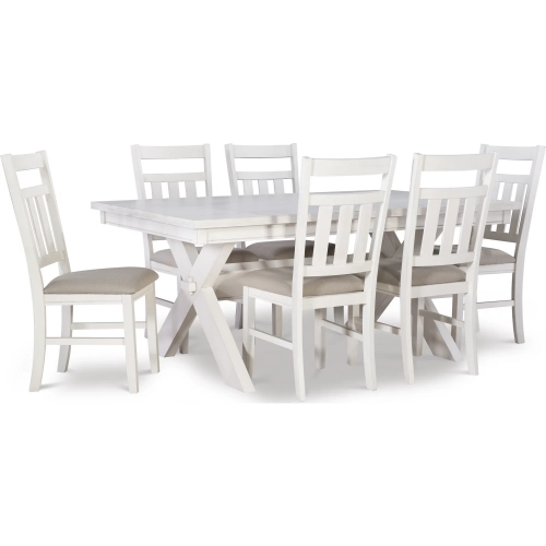 Turino 7-Piece Dining Set in White Wood & Beige Fabric