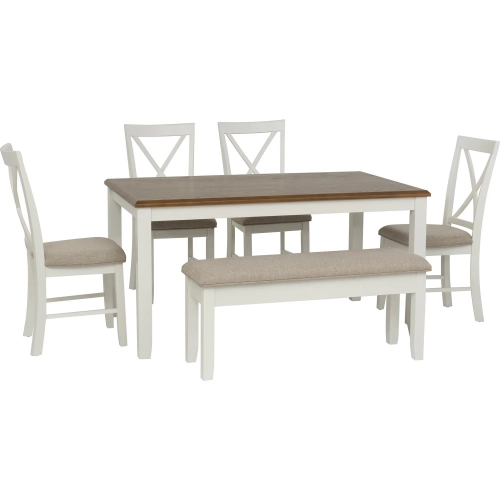 Jane 6-Piece Dining Set in Vanilla White & Brown Fabric (Table, Bench, & 4 Chairs)