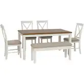 Jane 6-Piece Dining Set in Vanilla White & Brown Fabric (Table, Bench, & 4 Chairs)