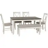 Jane 6-Piece Dining Set in Vanilla White & Gray Fabric (Table, Bench, & 4 Chairs)