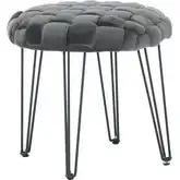 Shadbury Round Stool Ottoman in Gray Velvet & Black Metal